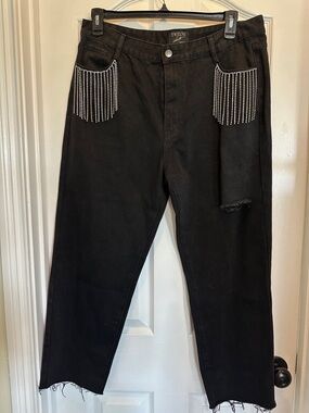 Twelve by Twelve Black Relaxed Jeans with Rhinestone Fringe- Like New!